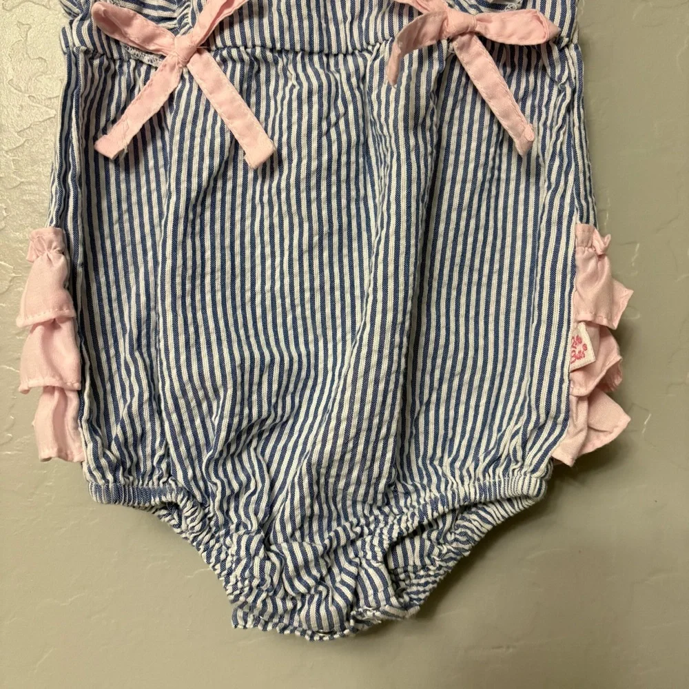 ⭐️Ruffle Butts blue and white striped pink bow ruffle romper 0-3 months
